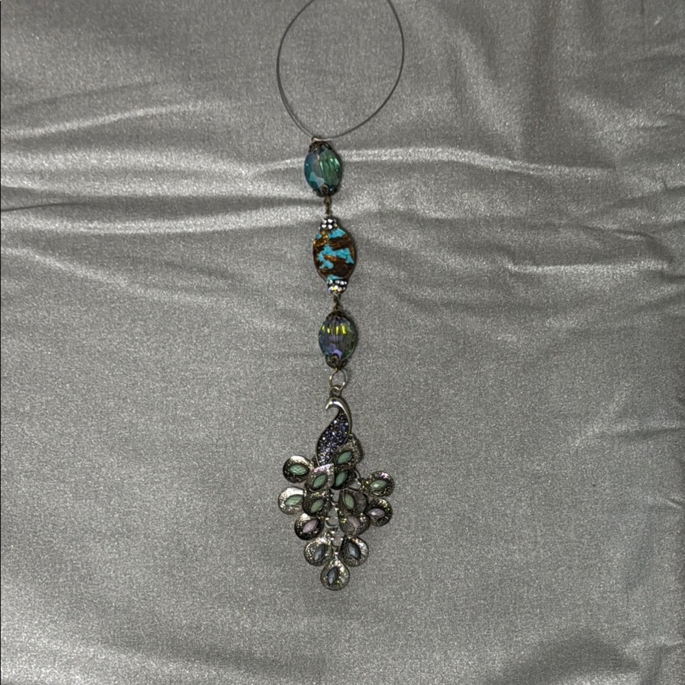 Elegant Silver and Blue Peacock Rear View Mirror Hanger - Picture 4 of 9
